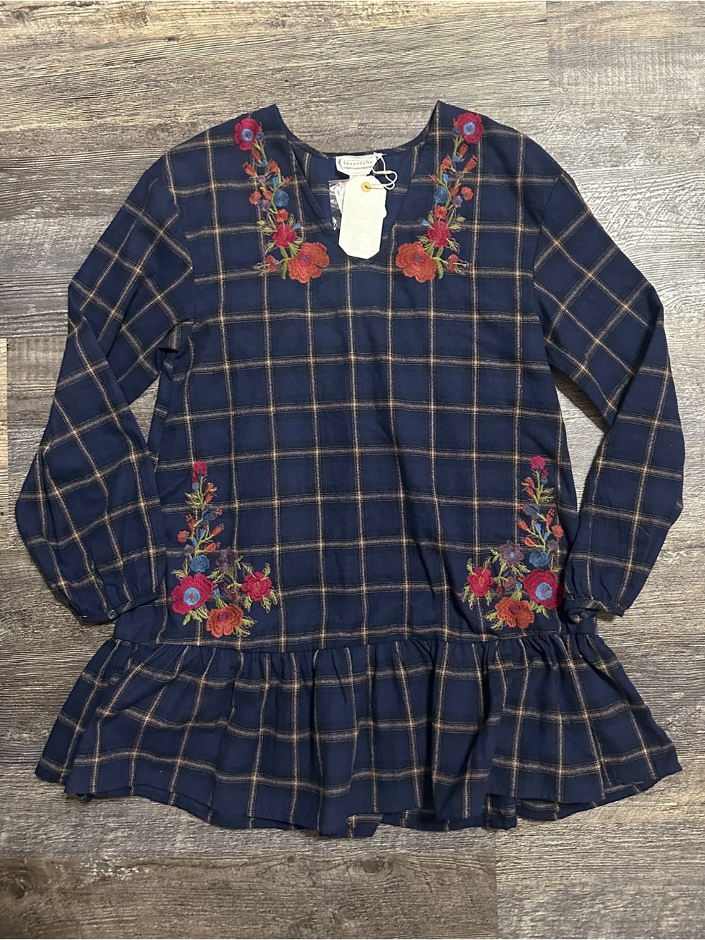 Love Riche NWT Women’s Navy Embroidered Plaid Flannel Mini Dress Small